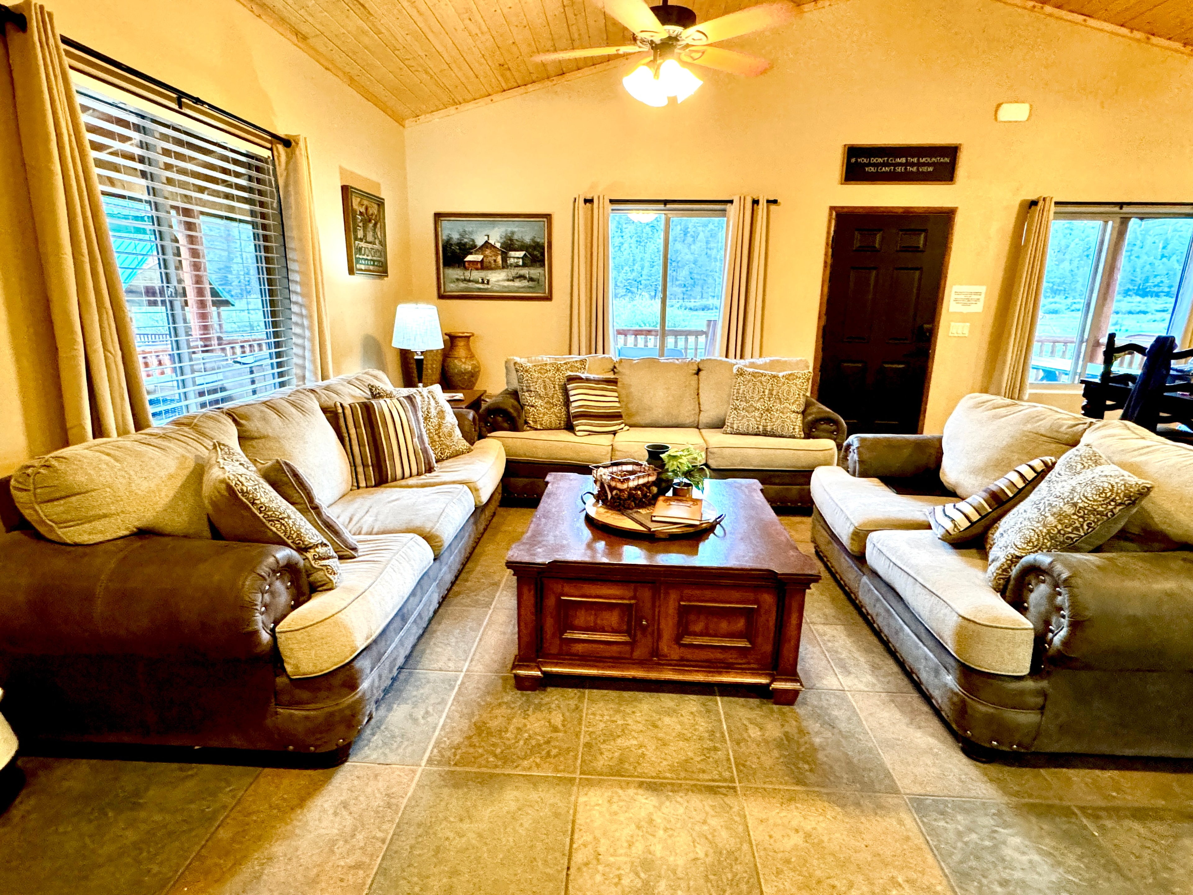 Great room with vaulted pine ceiling
