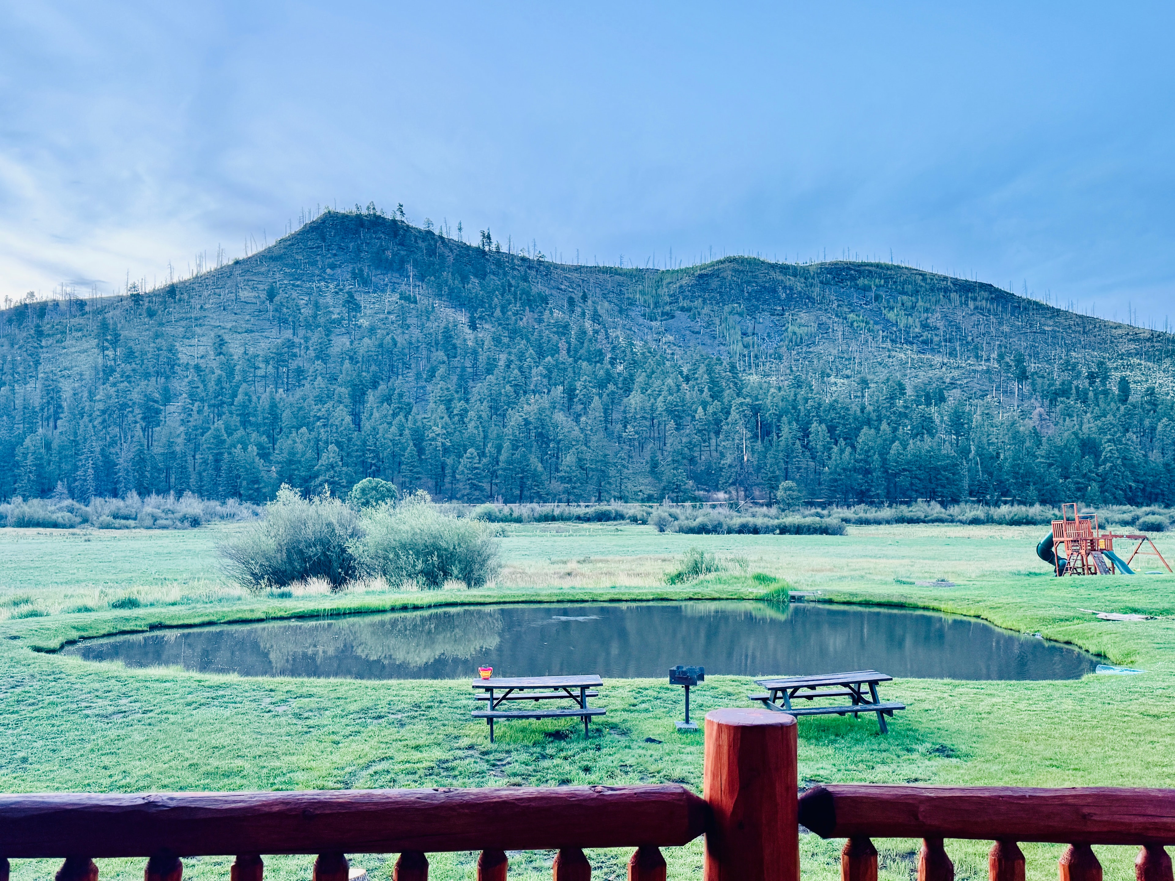 Misty morning sunrise over the pond at Adorably Rustic Cabin